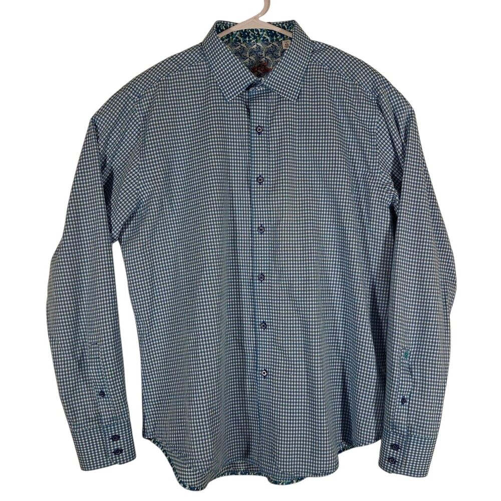 Robert Graham shirt mens XL XLarge blue flip cuff camo plaid egyptian cotton